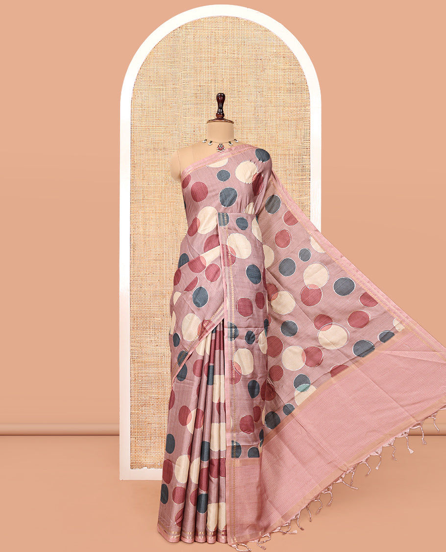 Onion Pink Fancy Tussar Saree With Polka Dots, Zari Border, Pallu, and Blouse