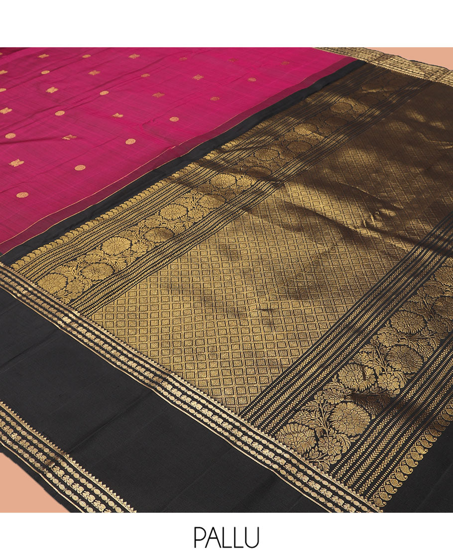 Wine Kanchipuram Silk Saree, Finely Crafted with Mayil-Chakram Buttas, Complemented by Contrast Rettai Pettu Border of Rekku, Rudraksham, and Mayil Designs, Jaal Pallu, and Contrast Blouse