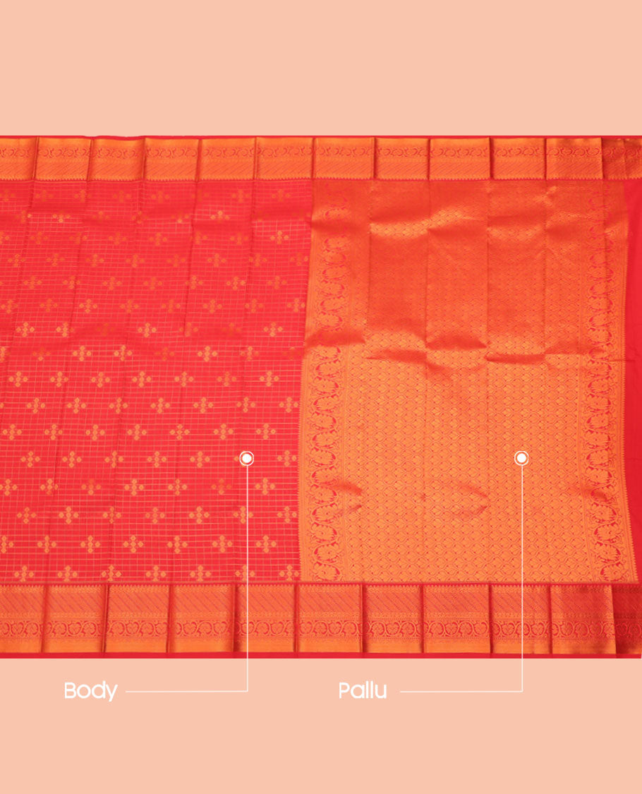 Red Budget Silk Saree, Boldly Accentuated with Zari Buttas and Checks All Over Its Body, Highlighted by a Traditional Zari Design Border, Grand Pallu, and Paired with a Matching Blouse