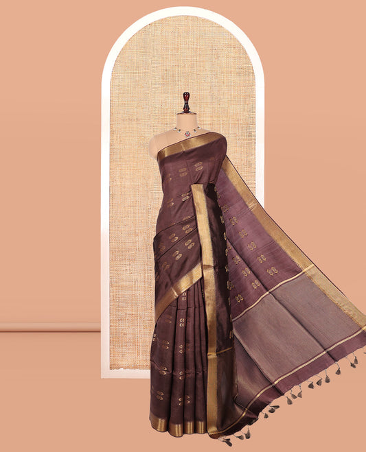 Brown Banana Pith Saree, Delicately Woven with Buttas, a Zari Temple Border, Striped Pallu, and Matching Blouse