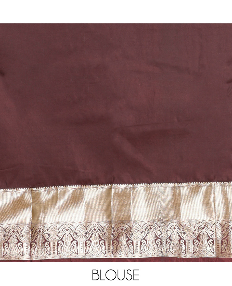 Light Sandal Budget Silk Saree, Sparsely Sparkled with Zari Buttas, Complemented by a Contrast Traditional Zari Border, Pallu of Jaal Design, and Contrast Blouse