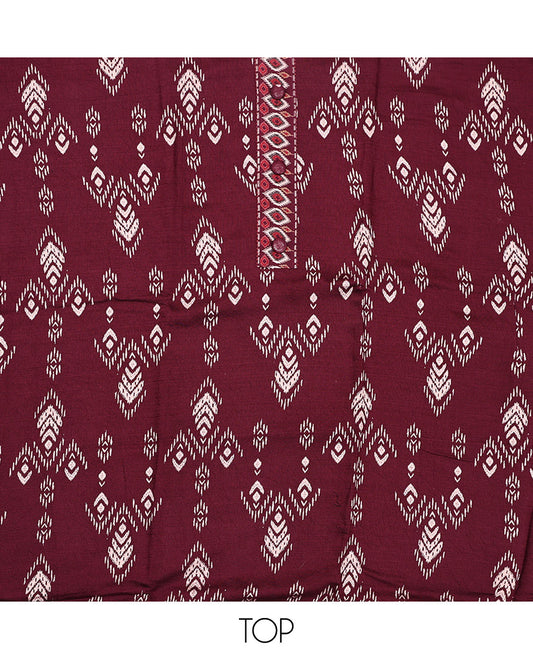 Maroon Material Chudidar Set, Bedecked with Ikkat-Style Motifs Print on Rayon Top, a Plain Cotton Bottom, and Paired with a Plain Chiffon Dupatta