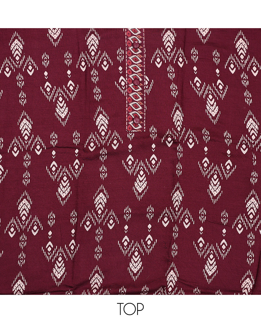 Maroon Material Chudidar Set, Bedecked with Ikkat-Style Motifs Print on Rayon Top, a Plain Cotton Bottom, and Paired with a Plain Chiffon Dupatta