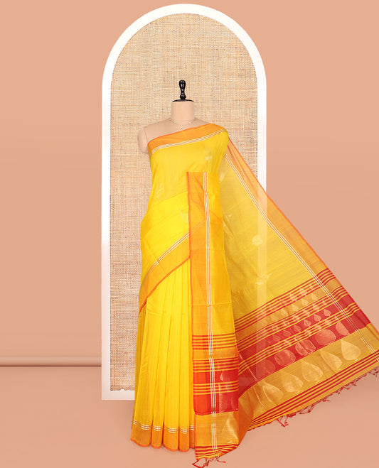 Yellow Silk Cotton Saree, Subtly Sparkled with Zari Buttas, a Contrast Border, Contrast Zari Woven Pallu, and a Contrast Blouse