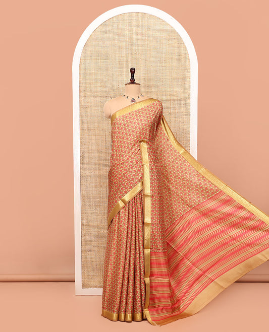 Mustard Printed Silk Saree, Steeped with Paisleys, a Traditional Zari Border, Geometric Patterned Pallu, and Matching Blouse