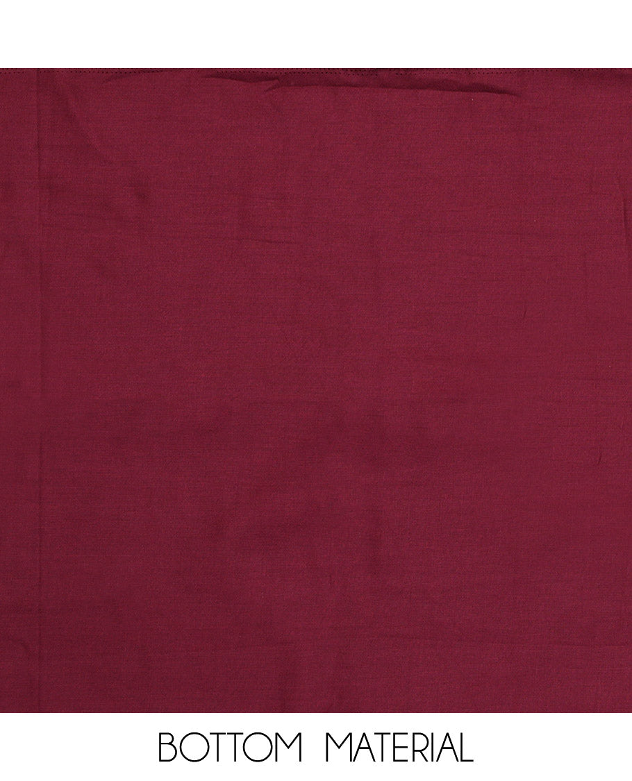 Maroon Material Chudidar Set, Bedecked with Ikkat-Style Motifs Print on Rayon Top, a Plain Cotton Bottom, and Paired with a Plain Chiffon Dupatta