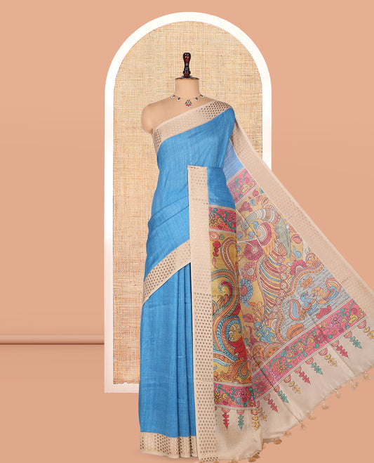 Blue Plain Fancy Tussar Silk Saree, Contrast Triangle Motif Border, Pallu of Kalamkari Peacock Motifs, and Contrast Kalamkari Printed Blouse