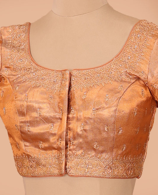 Orange thread embroidered front-back round neck elbow sleeve blouse