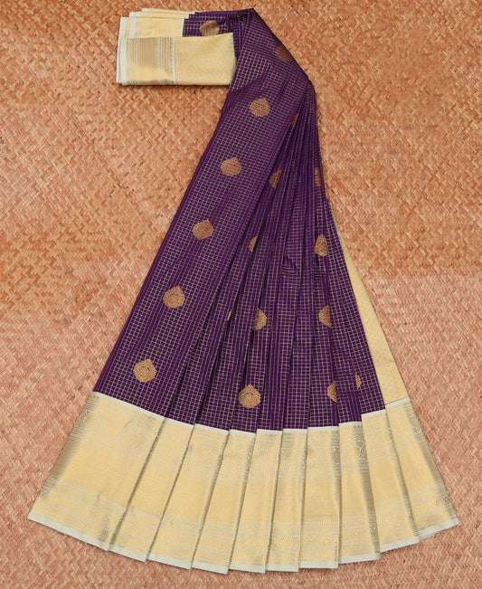 Purple Budget Silk Saree Meticulously Woven with Zari Buttas and Zari Checks, Complemented by a Contrast Traditional Zari Design Border, Pallu of Jaal Design, and Paired with a Contrast Blouse