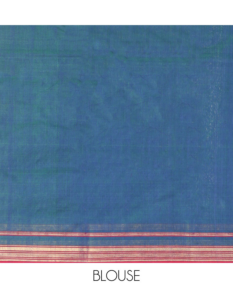Blue Chanderi Cotton Saree, Showcasing Buttas All Over Its Body, Complemented by a Contrast Border, Pallu Steeped with Zari Stripes, and Paired with a Matching Blouse