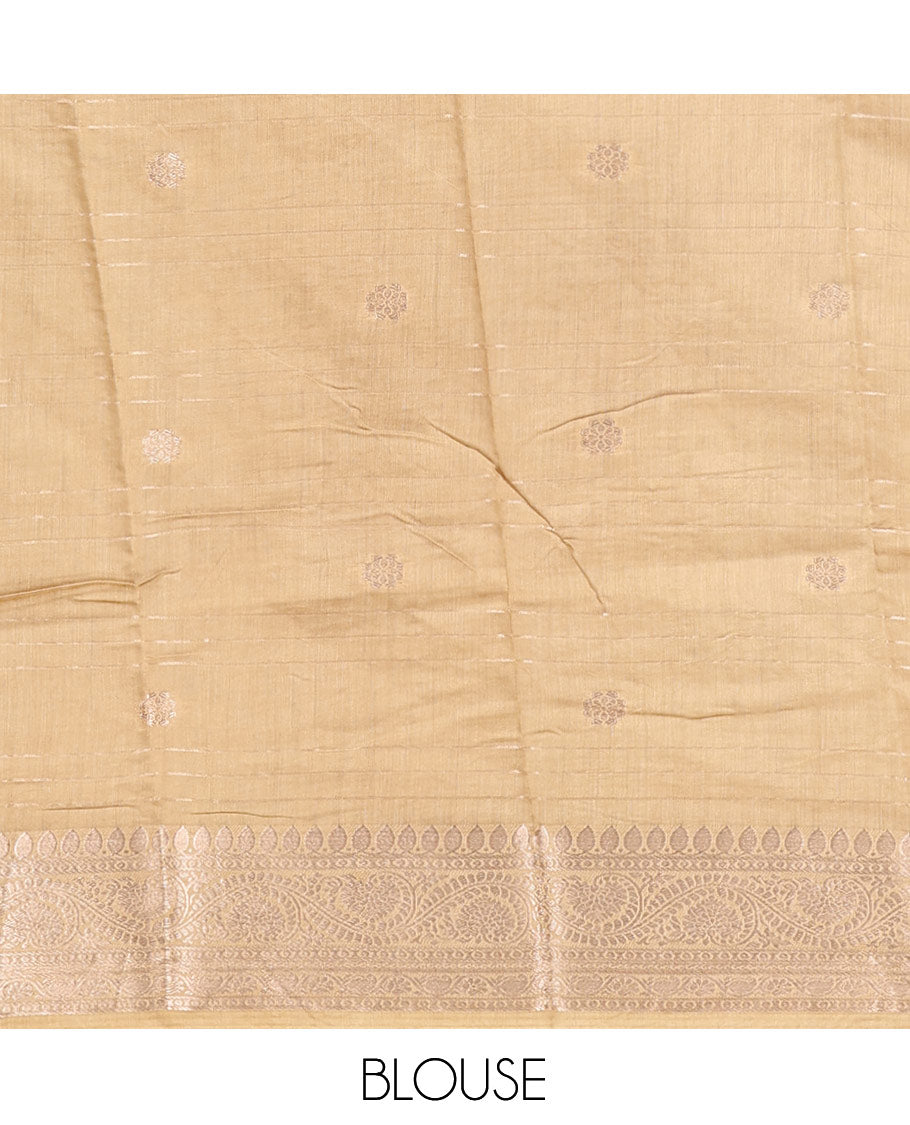 Sandal Assam Silk Saree, Sparsely Woven with Zari Buttas and Stripes, Highlighted by a Zari Traditional Woven Border, Zari-Striped Pallu, and a Matching Blouse