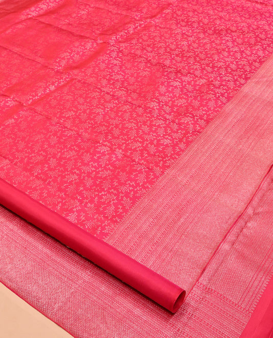 Pink Kanchipuram Wedding Silk Saree, Ornamented with Floral Jacquard, a Zari Geometric Pattern Border, Diagonally Striped Pallu, and a Matching Blouse