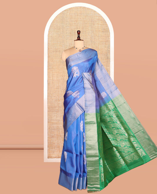 Blue Semi Uppada Saree, Graced with Zari Buttas, a Bavanji Border, Contrast Floral Pallu, and a Contrast Blouse