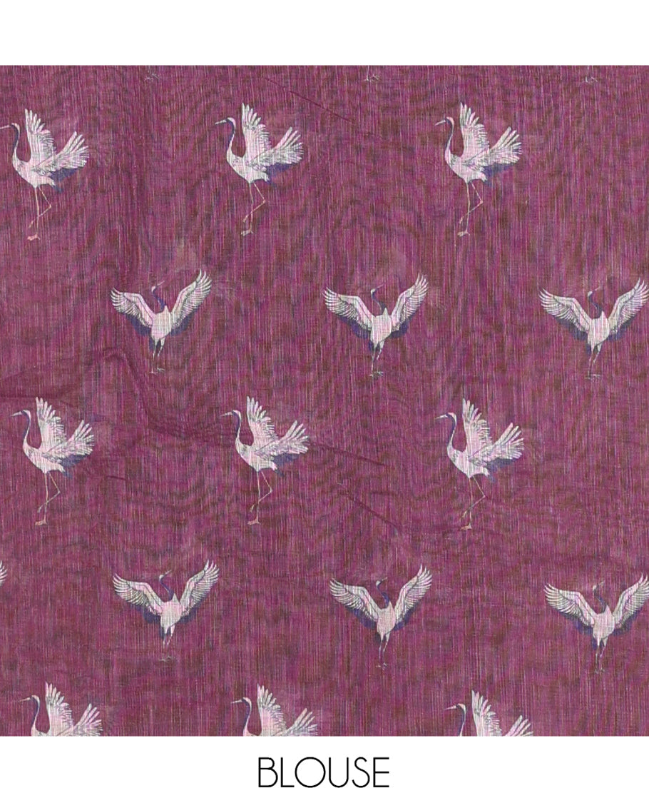 Borderless Wine Linen Cotton Saree, Adorned with Crane Motifs Print, and a Matching Blouse