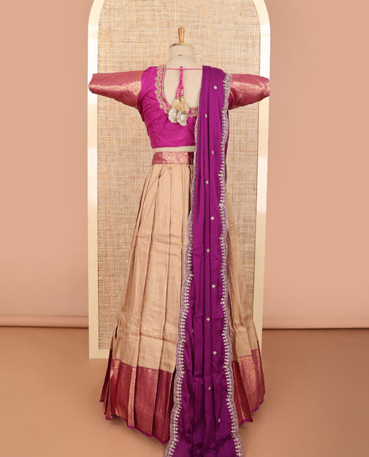 Pale brown floral jacquard half saree with contrast zari design border, floral embroidered blouse & floral embroidery dhavani