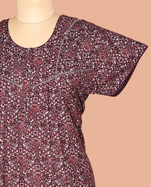Maroon Floral Print Cotton-Blended Nighty