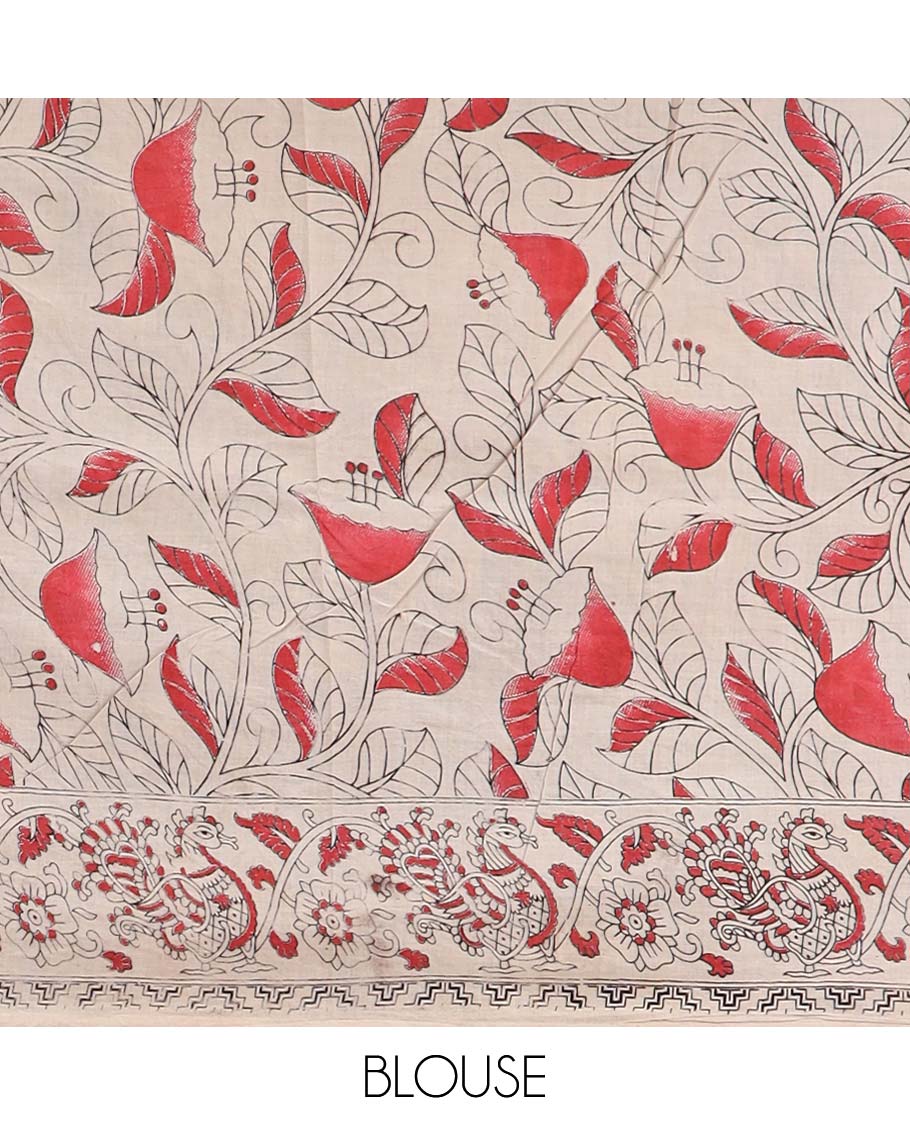 Blue leaf vine design machine printed kalamkari cotton saree with contrast animal motif border & animal design pallu