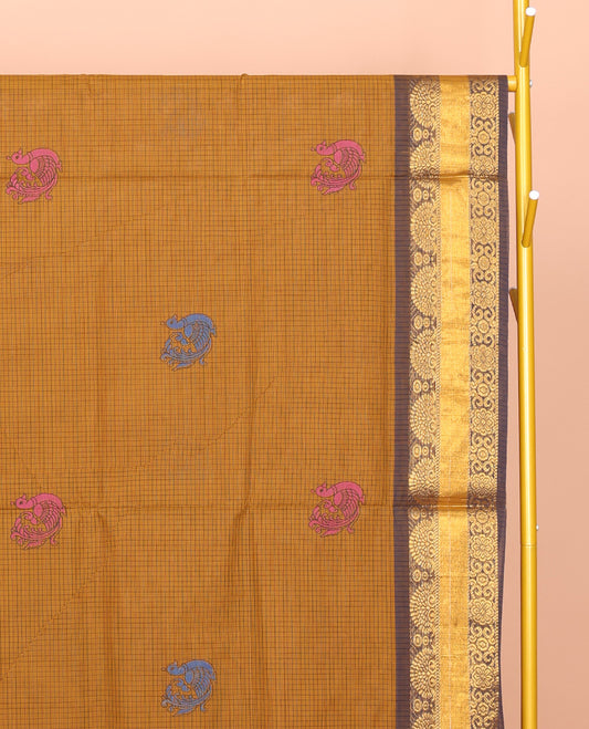 Mustard Venkatagiri Cotton Saree, Detailed with Peacock Buttas and Checks, a Contrast Traditional Zari Border, Pallu of Peacock Buttas and Stripes, and No Blouse