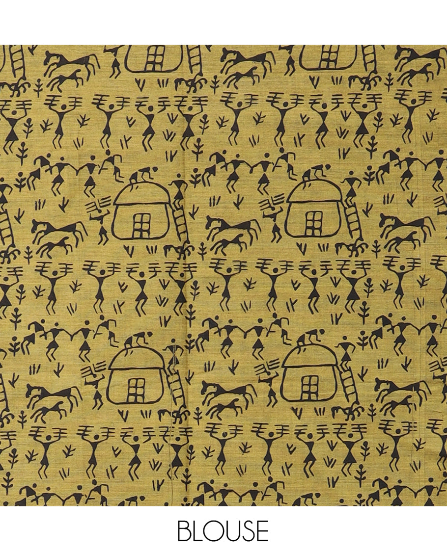 Borderless Mustard South Cotton Saree Features Traditional Village-Theme Print, and a Matching Blouse