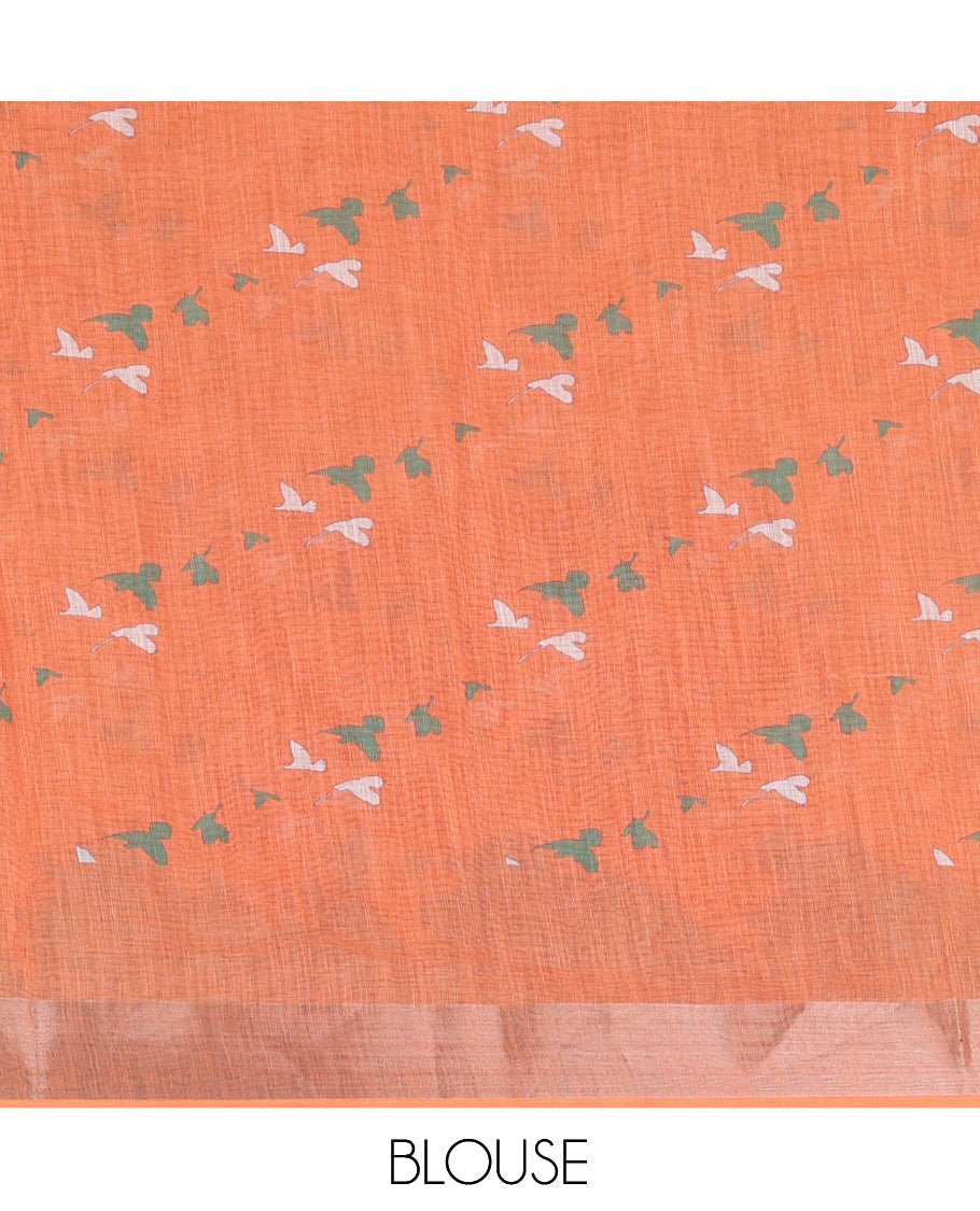 White Linen Cotton Saree Features Indian-National Flag-Themed Dove Buttas, a Contrast Ganga-Jamuna Border, Contrast Blouse