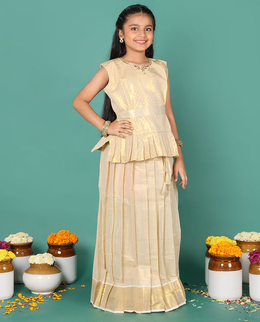 Kerala cream readymade art silk pavadai, zari border skirt & jacquard embroidered round neck sleeveless blouse