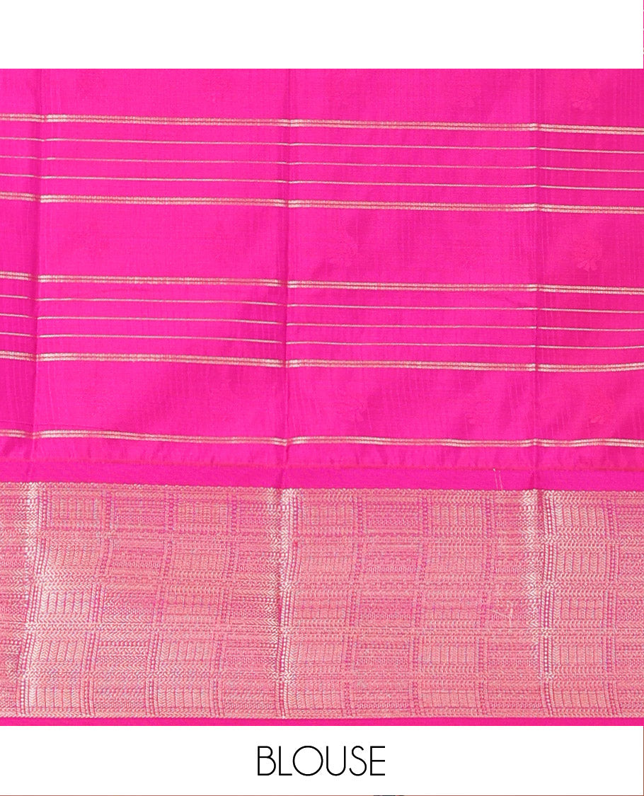 Orange Art Silk Material Half Saree Set, Decked Up with Zari Buttas Enclosed Checks on Its Skirt, Complemented by Contrast Traditional Zari Design Border, Paired with a Contrast Blouse, and an Intricately Designed Dhavani