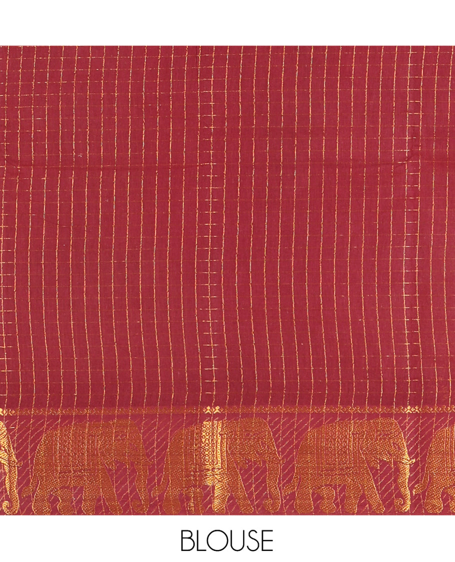 Maroon Checked Sungudi Cotton Saree, an Elephant Zari Border, and a Matching Blouse