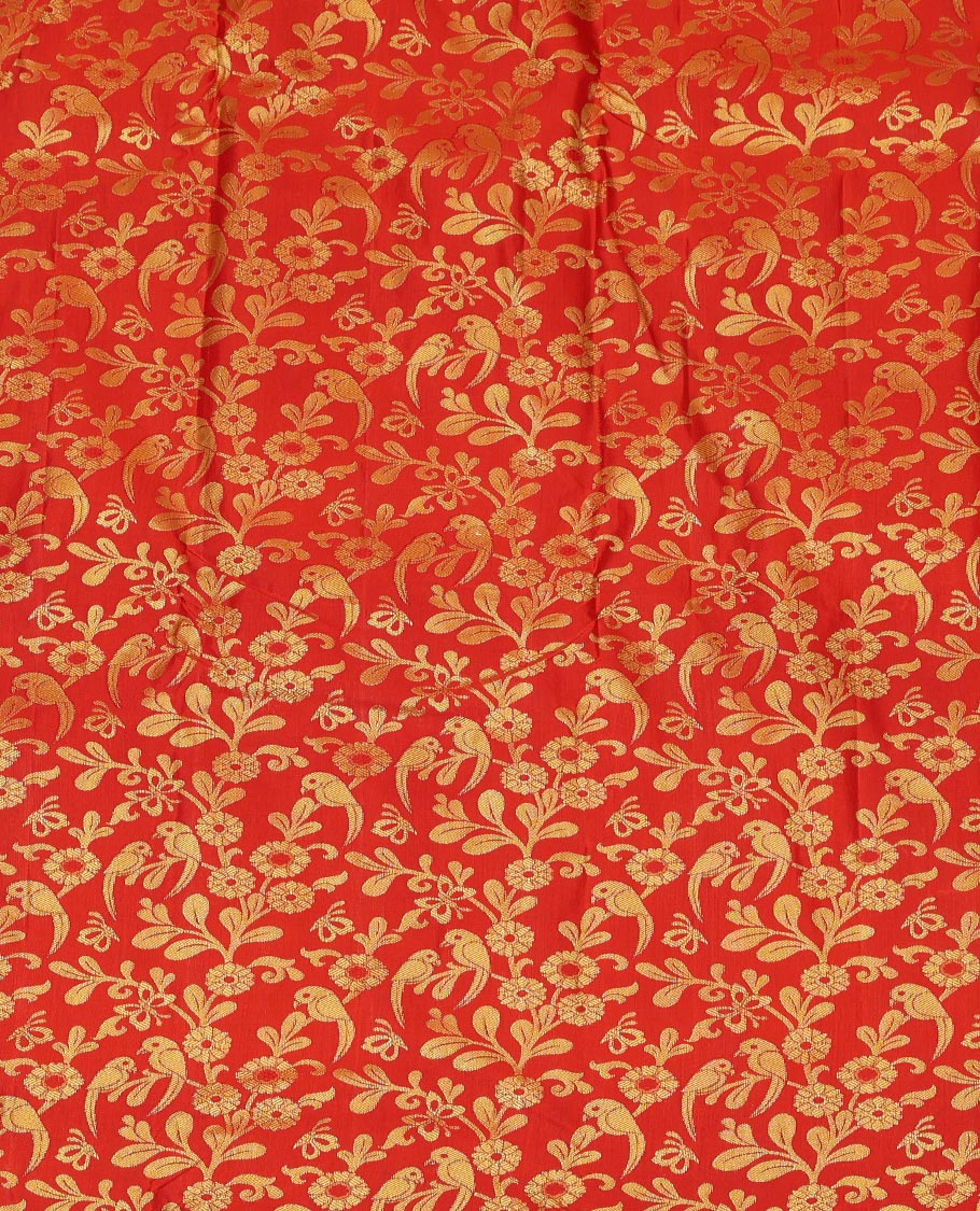 Red Jacquard Art Silk Pavadai Material, Bedecked with Contrast Traditional Border, a Contrast Blouse