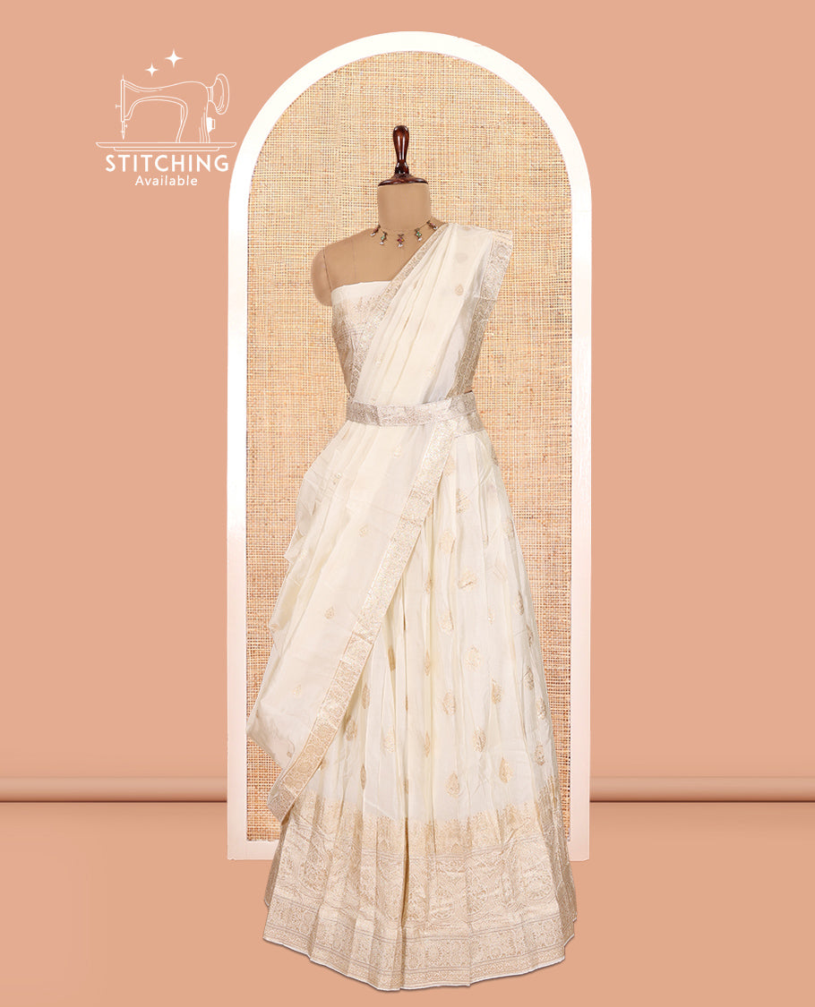 Cream Semi-Silk Half-Saree, Enriched with Zari Buttas Skirt, Traditional Big Border, Matching Blouse, Dhavani