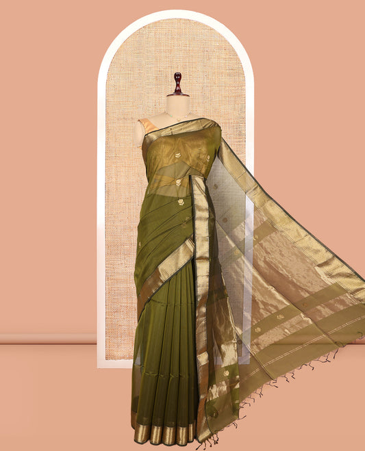 Green Maheshwari Cotton Saree, Detailed with Floral Zari Buttas, a Zari Border, Zari Striped Pallu, and a Matching Blouse