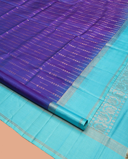 Blue Mayuri Soft Silk Saree, Embellished with Zari Stripes, Complemented by a Contrast Border, Pallu of Floral Jaal Design, and a Contrast Blouse