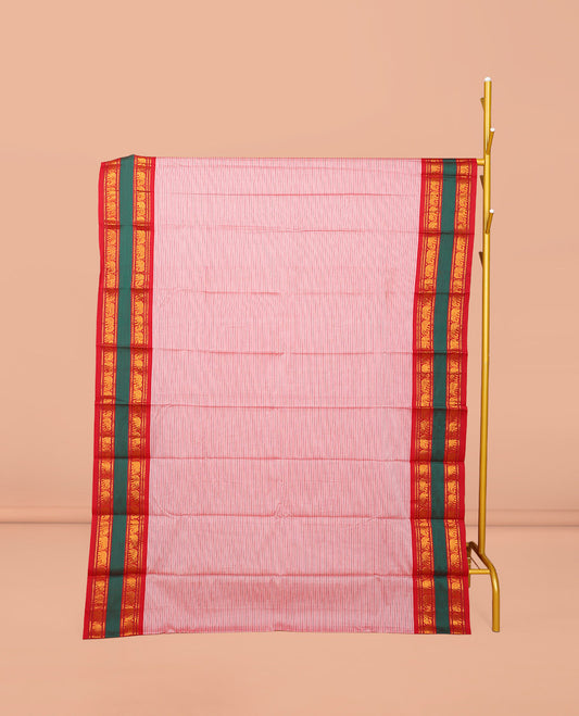 Pink Striped Narayanpet Cotton Saree, Complemented by a Contrast Traditional Design Rettai Pettu Border, Striped Pallu, and Comes Without a Blouse