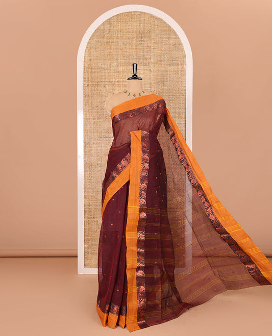 Maroon buttas woven Bengal cotton saree, contrast zari paisley and floral border, and striped pallu