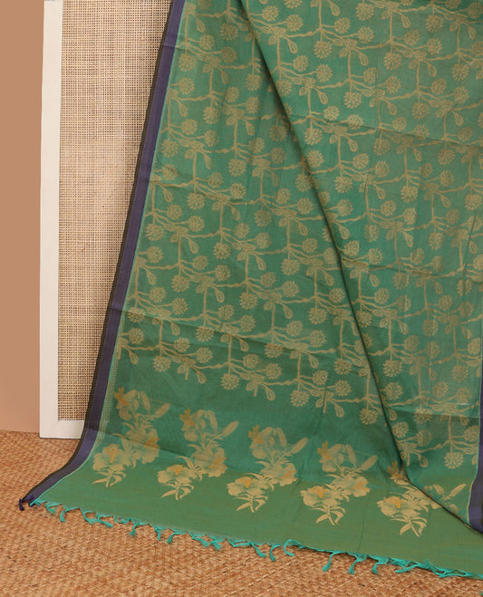 Green all-over floral vine design coimbatore cotton saree with contrast plain border
