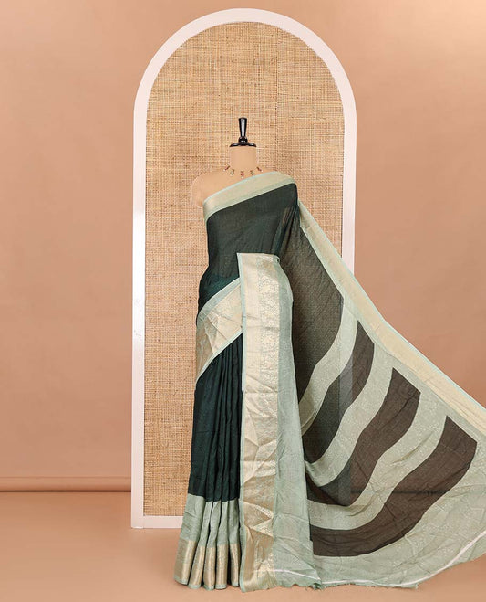 Green embossed moss chiffon saree, contrast embossed with traditional zari border, jaal pallu, and a contrast blouse