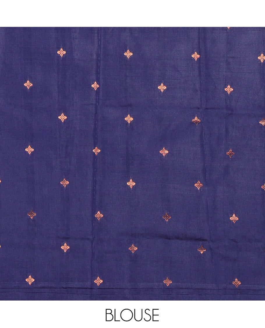 Orange Kanchi Silk Saree, Adorned with Zari Buttas All Over Its Body, Complemented by Contrast Rettai Pettu Traditional Zari Design Border, Gracefully Embellished Pallu, and Paired with a Contrast Blouse