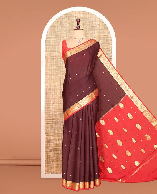 Brown Zari Buttas Mysore Silk Saree, Complemented by a Contrast Floral Creeper Zari Border, Zari Design Pallu, and a Contrast Blouse