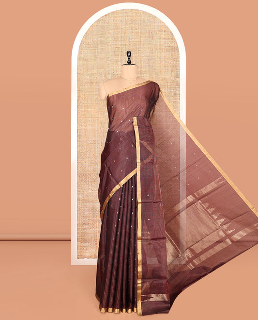Brown Silk Cotton Saree, Ornamented with Buttas and Stripes, a Subtle Piping Border, Pallu of Temple Designs, and Matching Blouse