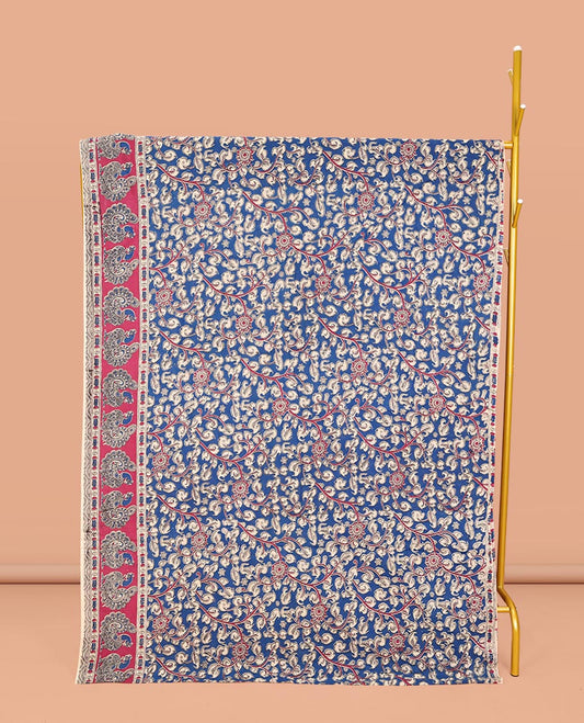 Blue Machine-Printed Kalamkari Cotton Saree, Bedecked with Floral Vine on Its Body, Complemented by a Contrast Peacock Printed Border, Pallu of Floral-Geometric Print, and Paired with a Printed Blouse