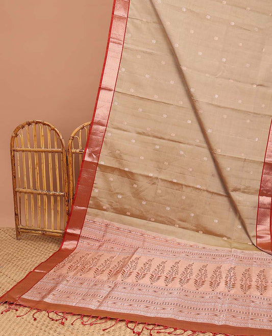 Gold striped soft silk saree with floral zari buttas, contrast jaal border & pallu of floral & intricate designs