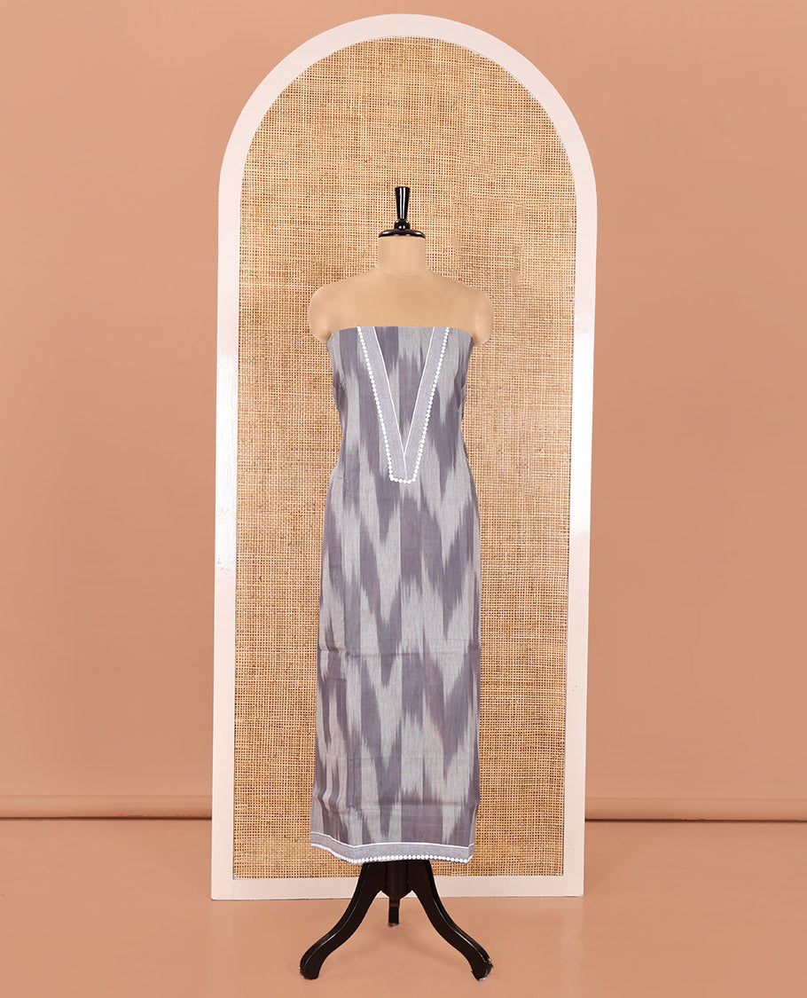 Grey Material Chudidhar Set Featuring Delicately Ikkat Woven Handloom Cotton Top, Plain Cotton Bottom, and Handloom Cotton Ikkat Textured Dupatta