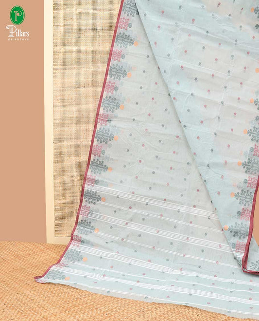 Light green thread butta bengal cotton saree with resham border & chit pallu along with digital floral print blouse