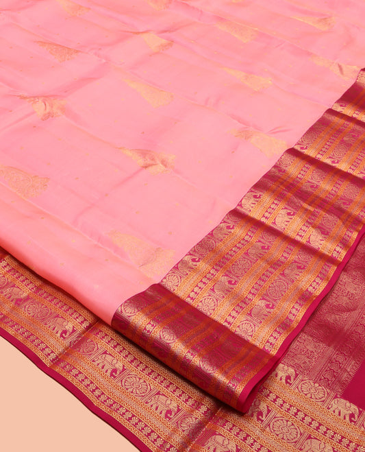 Pink Vasundhara Lite Silk Mix Saree, Featuring Zari Buttas, Contrast Border of Chakram, Yaanai, Neli, Kathir, and Kamalam, Vanki Pallu, and a Contrast Blouse