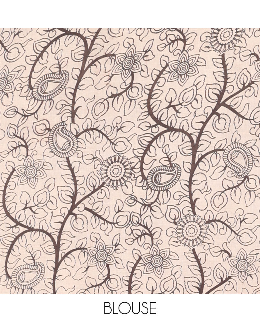 Black Kalamkari Cotton Saree, Decked Up with Elephant Motifs Print, Contrast Paisley Border, Pallu of Peacock Motifs, and a Matching Blouse