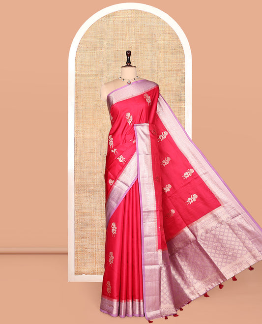 Red Satin Silk Saree, Majestically Detailed with Floral Buttas, Complemented by a Contrast Traditional Zari Border,  Grand Jaal Pallu, and a Contrast Blouse