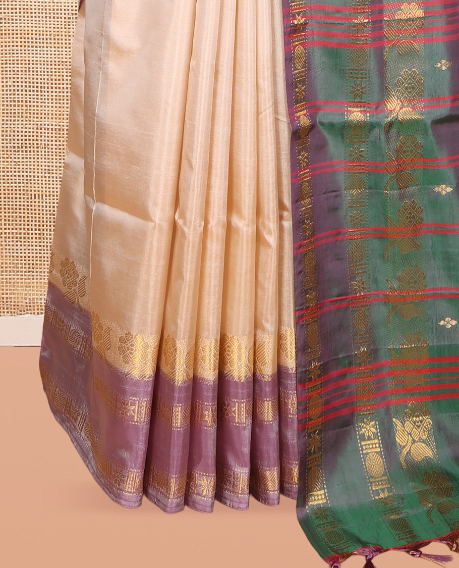 Sandal Banana Pith Saree, Woven with Thread Buttas, Complemented by a Contrast Rettai Pettu Traditional Border, Pallu of Stripes and Buttas, and a Contrast Blouse