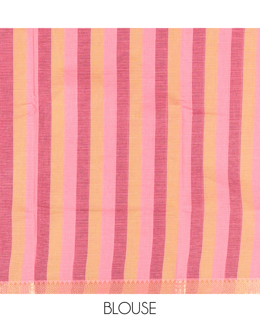 Pink Plain Andhra Cotton Saree, Highlighted by a Temple Zari Border, Contrast Striped Pallu, and a Contrast Blouse
