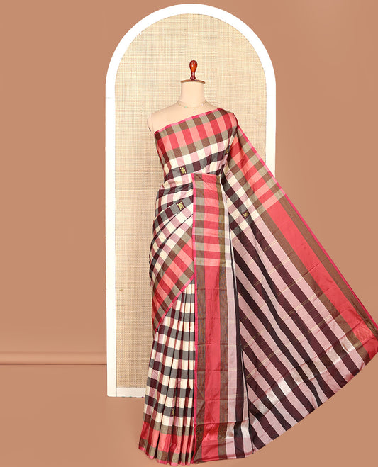 Multi-Color Aarani Silk Saree, Boldly Accentuated with Buttas and Medium-Checked Design All Over Its Body, Complemented by a Contrast Border, Striped Pallu, and Paired with a Matching Blouse