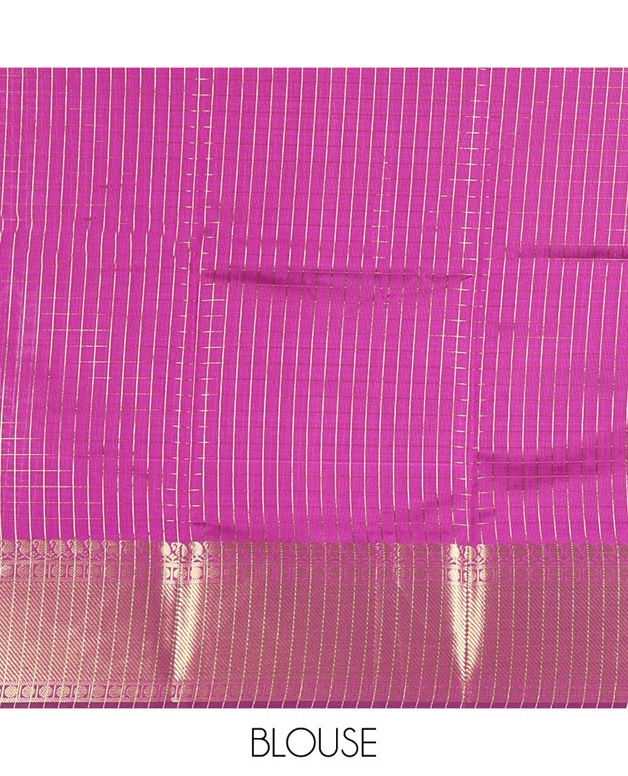 Purple Semi-Katan Silk Saree, Decorated with Golden Zari Checks on Its Body, Highlighted by a Traditional Zari Border of Paisley and Rudraksham Designs, Gleaming Pallu, and Paired with a Matching Blouse