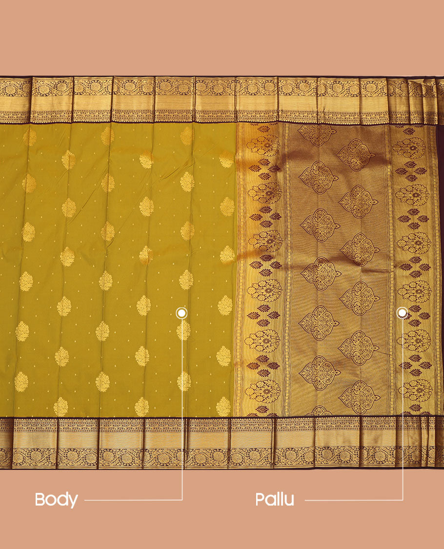 Green Budget Silk Saree, Prettified with Zari Buttas  All Over Its Body, Complemented by a Contrast Traditional Zari Design Border of Floral Creeper Designs, Mughal-Style Intricately Designed Pallu, and Paired with a Contrast Blouse